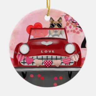 Ruw Collie-hond Auto met Hartjes Valentijnsdag Keramisch Ornament