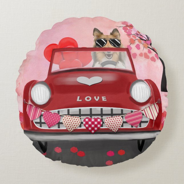 Ruw Collie-hond Auto met Hartjes Valentijnsdag  Rond Kussen (Voorkant)