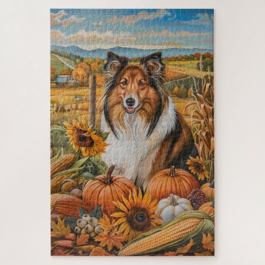 Ruw Collie-hond Herfst Oogst Thanksgiving Legpuzzel (Verticaal)