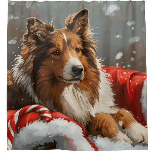 Ruw Collie Hond Kerstfeest Douchegordijn (Voorkant)