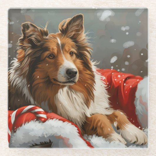 Ruw Collie Hond Kerstfeest Glazen Onderzetter (Voorkant)
