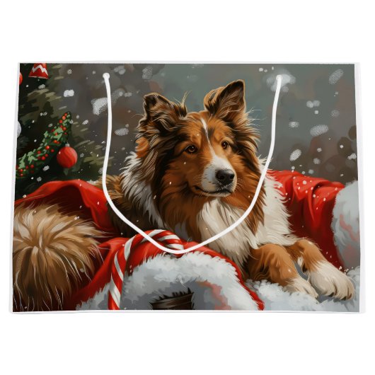 Ruw Collie Hond Kerstfeest Groot Cadeauzakje (Voorkant)