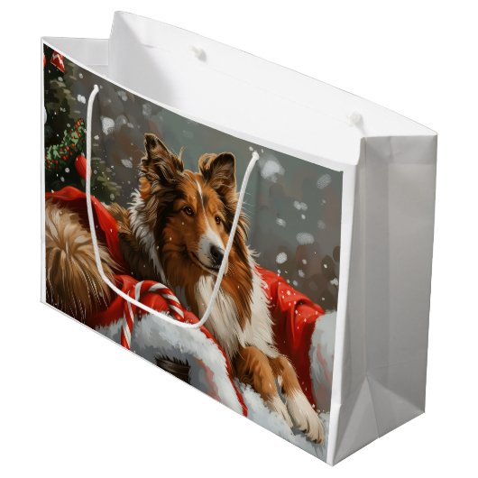 Ruw Collie Hond Kerstfeest Groot Cadeauzakje (Voorkant Gekanteld)