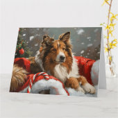 Ruw Collie Hond Kerstfeest Kaart (Gele Bloem)