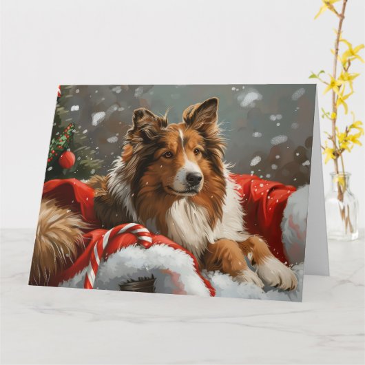 Ruw Collie Hond Kerstfeest Kaart (Gele Bloem)