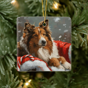 Ruw Collie Hond Kerstfeest Keramisch Ornament