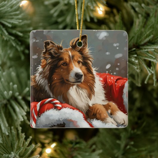 Ruw Collie Hond Kerstfeest Keramisch Ornament (Boom)