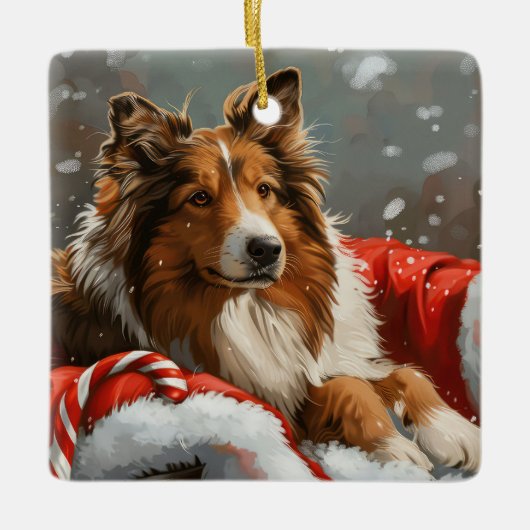 Ruw Collie Hond Kerstfeest Keramisch Ornament (Voorkant)