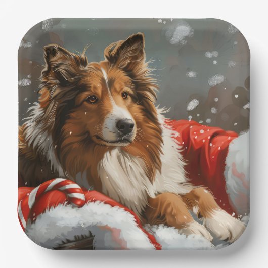 Ruw Collie Hond Kerstfeest Papieren Bordje (Voorkant)