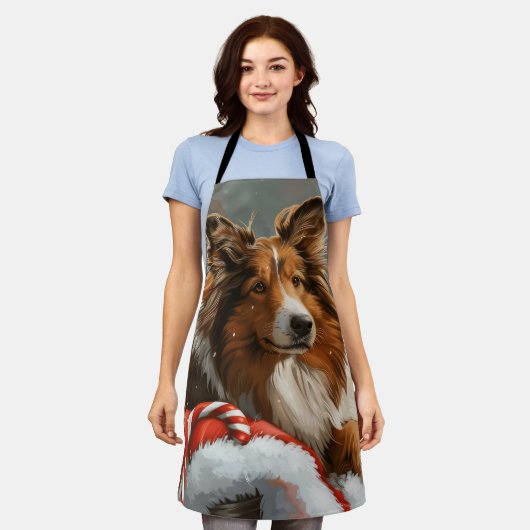 Ruw Collie Hond Kerstfeest Schort (Gedragen)