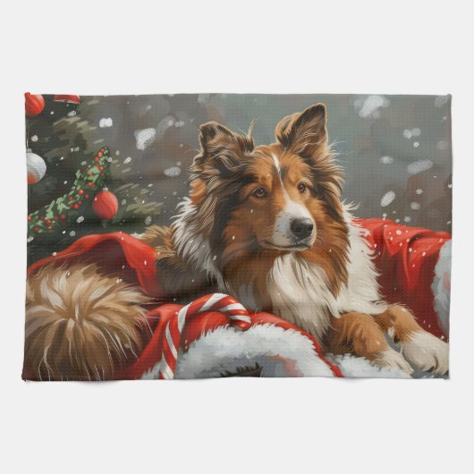 Ruw Collie Hond Kerstfeest Theedoek (Horizontaal)