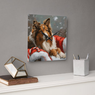 Ruw Collie Hond Kerstfeest Vierkante Klok