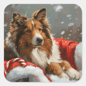 Ruw Collie Hond Kerstfeest Vierkante Sticker (Voorkant)