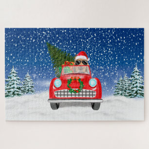 Ruw Collie-hond rijdt auto in sneeuw met Kerstmis Legpuzzel