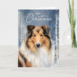 Ruw Collie-hond Winter Aspenbos Kerstmis Feestdagen Kaart