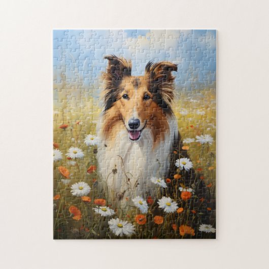 Ruw Collie in Bloemengebied Legpuzzel (Verticaal)