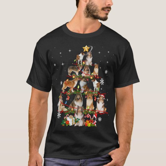 Ruw Collie Kerstboom Lichten Sweater Hond Chr T-shirt (Voorkant)