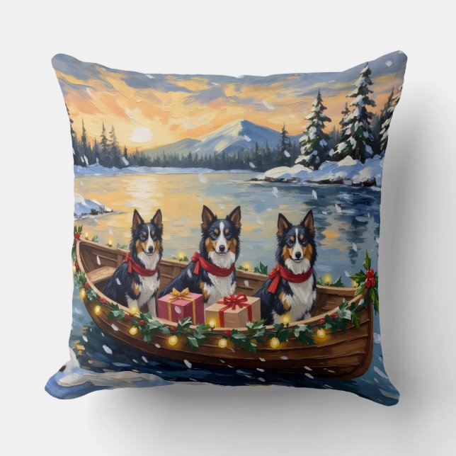 Ruw Collie Kerstboot Vakantie Kussen (Voorkant)