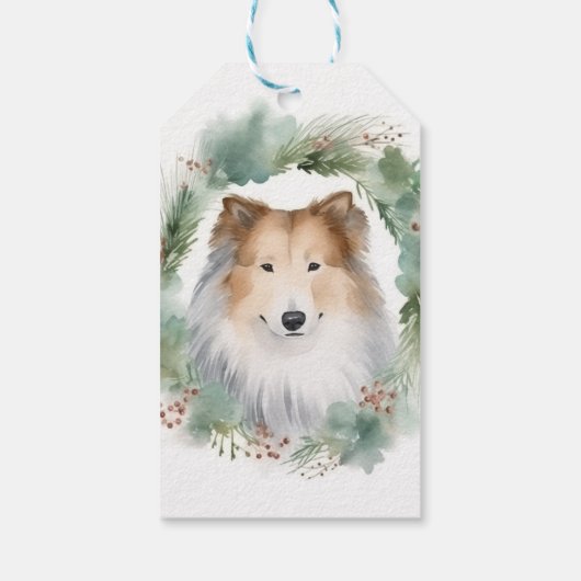 Ruw Collie Kerstkrans Feestelijke Pup Cadeaulabel (Achterkant)