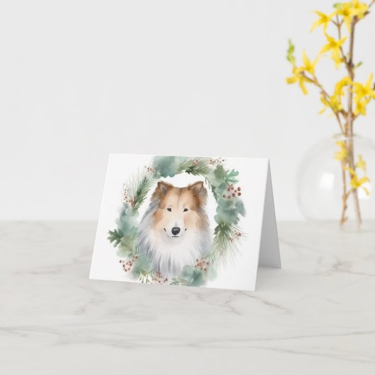 Ruw Collie Kerstkrans Feestelijke Pup Kaart (Gele Bloem)