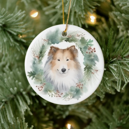 Ruw Collie Kerstkrans Feestelijke Pup Keramisch Ornament (Boom)