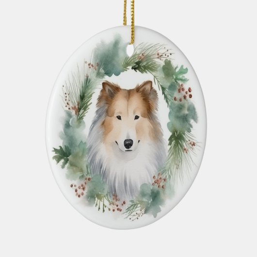 Ruw Collie Kerstkrans Feestelijke Pup Keramisch Ornament (Rechts)