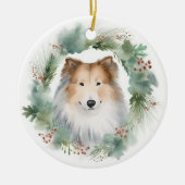 Ruw Collie Kerstkrans Feestelijke Pup Keramisch Ornament (Voorkant)