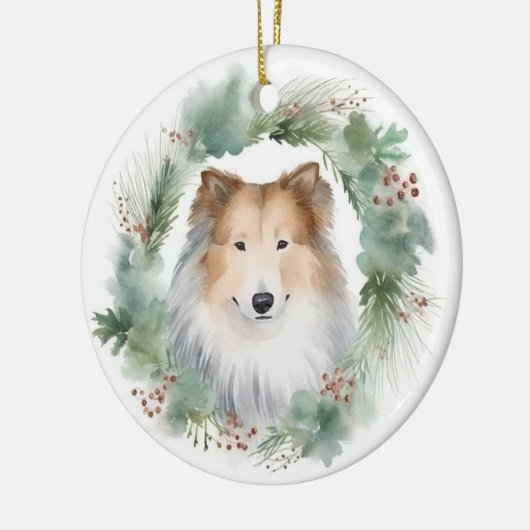 Ruw Collie Kerstkrans Feestelijke Pup Keramisch Ornament (Links)