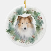 Ruw Collie Kerstkrans Feestelijke Pup Keramisch Ornament (Achterkant)