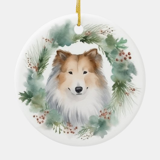 Ruw Collie Kerstkrans Feestelijke Pup Keramisch Ornament (Achterkant)