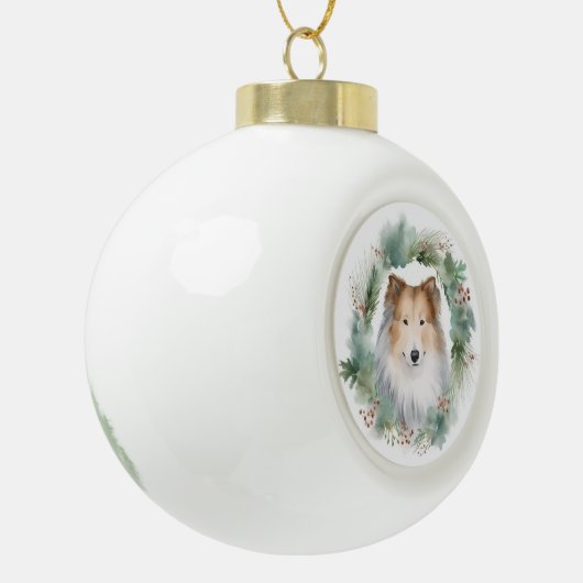 Ruw Collie Kerstkrans Feestelijke Pup Keramische Bal Ornament (Links)