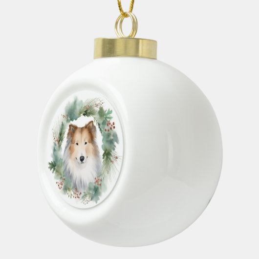 Ruw Collie Kerstkrans Feestelijke Pup Keramische Bal Ornament (Rechts)