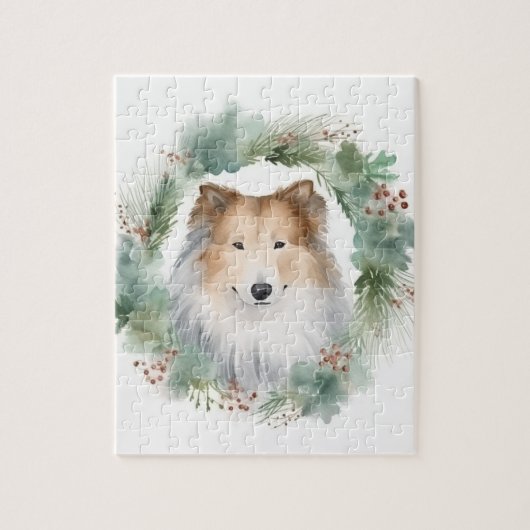 Ruw Collie Kerstkrans Feestelijke Pup Legpuzzel (Verticaal)