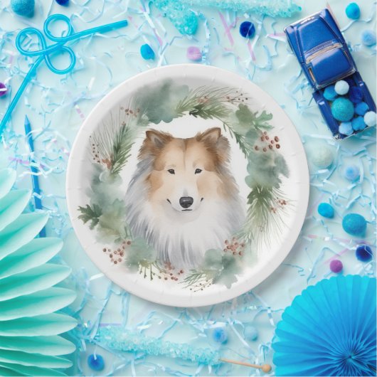 Ruw Collie Kerstkrans Feestelijke Pup Papieren Bordje (Feest)