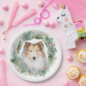 Ruw Collie Kerstkrans Feestelijke Pup Papieren Bordje (Feest)