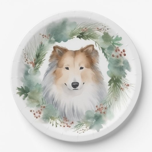 Ruw Collie Kerstkrans Feestelijke Pup Papieren Bordje (Voorkant)