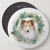 Ruw Collie Kerstkrans Feestelijke Pup Ronde Button 6,0 Cm (Voorkant /achterkant)