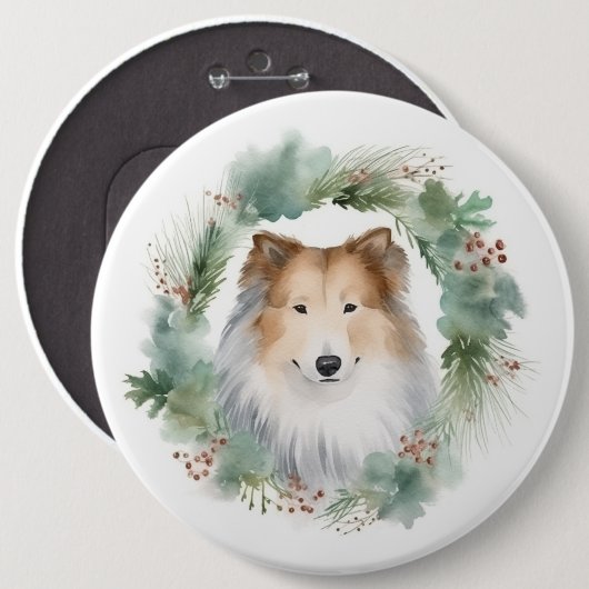 Ruw Collie Kerstkrans Feestelijke Pup Ronde Button 6,0 Cm (Voorkant /achterkant)