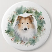 Ruw Collie Kerstkrans Feestelijke Pup Ronde Button 6,0 Cm (Voorkant)