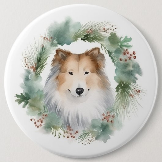 Ruw Collie Kerstkrans Feestelijke Pup Ronde Button 6,0 Cm (Voorkant)