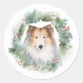 Ruw Collie Kerstkrans Feestelijke Pup Ronde Sticker (Voorkant)
