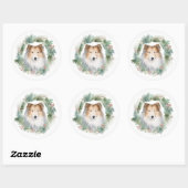 Ruw Collie Kerstkrans Feestelijke Pup Ronde Sticker (Vel)