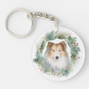 Ruw Collie Kerstkrans Feestelijke Pup Sleutelhanger
