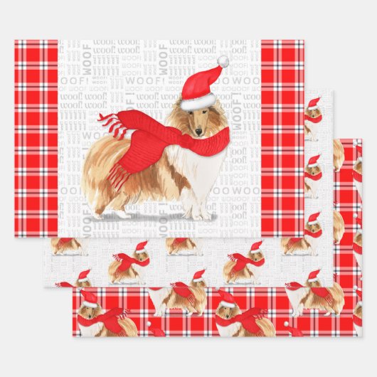 Ruw Collie Kerstmis Dog en Red Holiday Pset Inpakpapier Vel (Set)