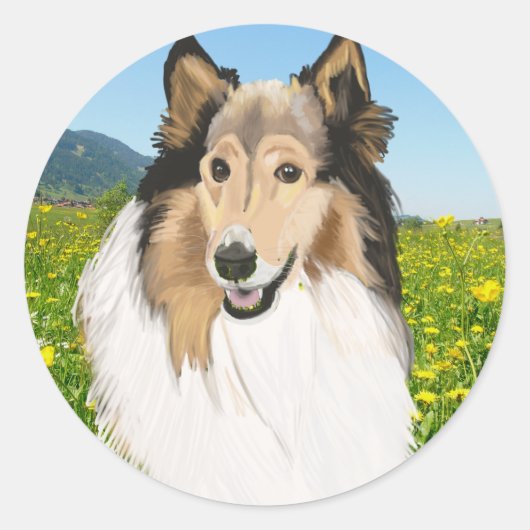 Ruw collie, lang gespierd collie portret ronde sticker (Voorkant)