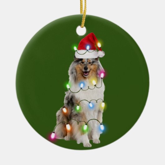 Ruw collie met kerstschaats Santa Hat Keramisch Ornament (Voorkant)