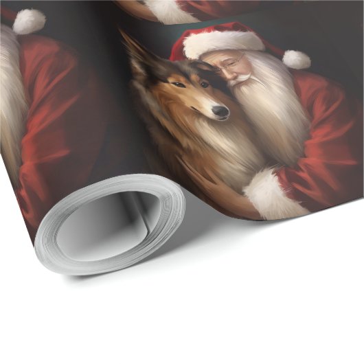 Ruw Collie Met Sinterklaas Feestelijke Kerstmis Cadeaupapier (Rol Hoek)