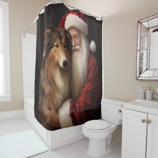 Ruw Collie Met Sinterklaas Feestelijke Kerstmis Douchegordijn (In situ)