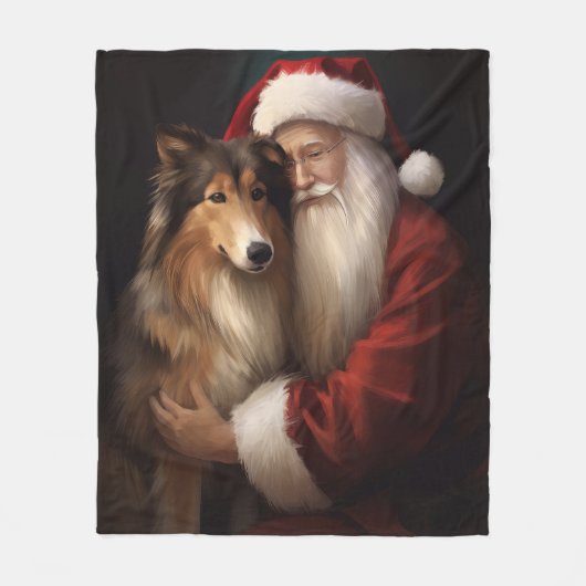 Ruw Collie Met Sinterklaas Feestelijke Kerstmis Fleece Deken (Voorkant)