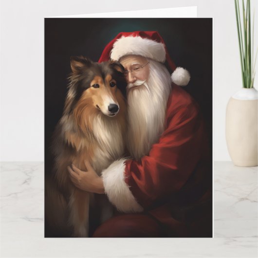 Ruw Collie Met Sinterklaas Feestelijke Kerstmis Kaart (Voorkant)